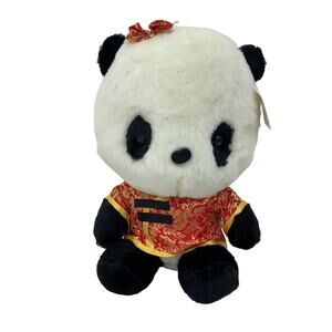 CUTE Cuddly Black White China Panda Bear in Cheongsam Dress Plush Doll